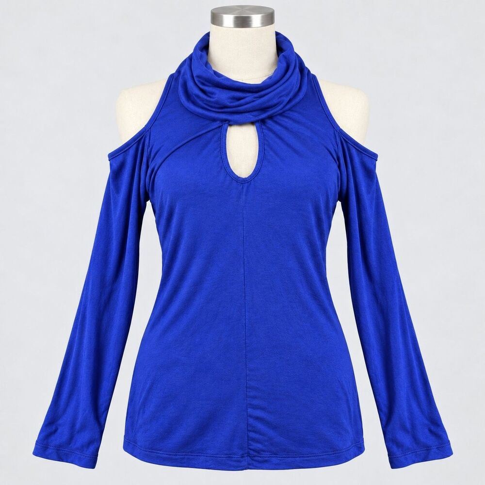 VENUS Royal Blue Cold Shoulder Cowl Neck Keyhole Long Sleeve Top Size Small